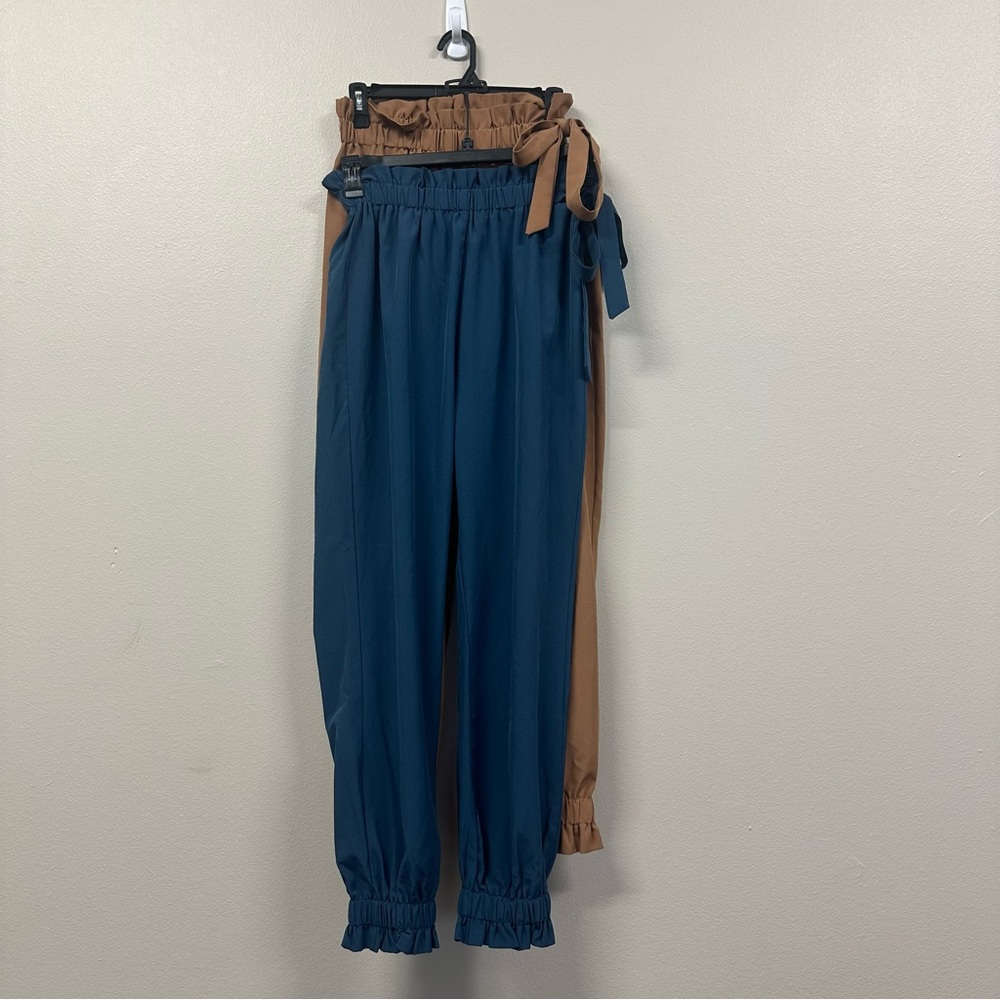 Stylish Brown & Blue Ruffle Hem Waist Knotted Tapered Pants | Size L